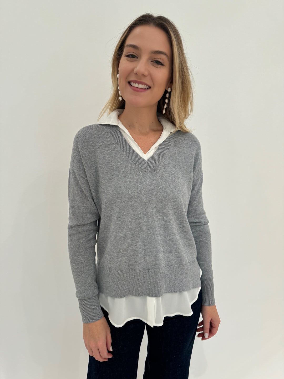 Elliott Lauren Double Layer V-Neck Sweater With Shirting in Heather Grey