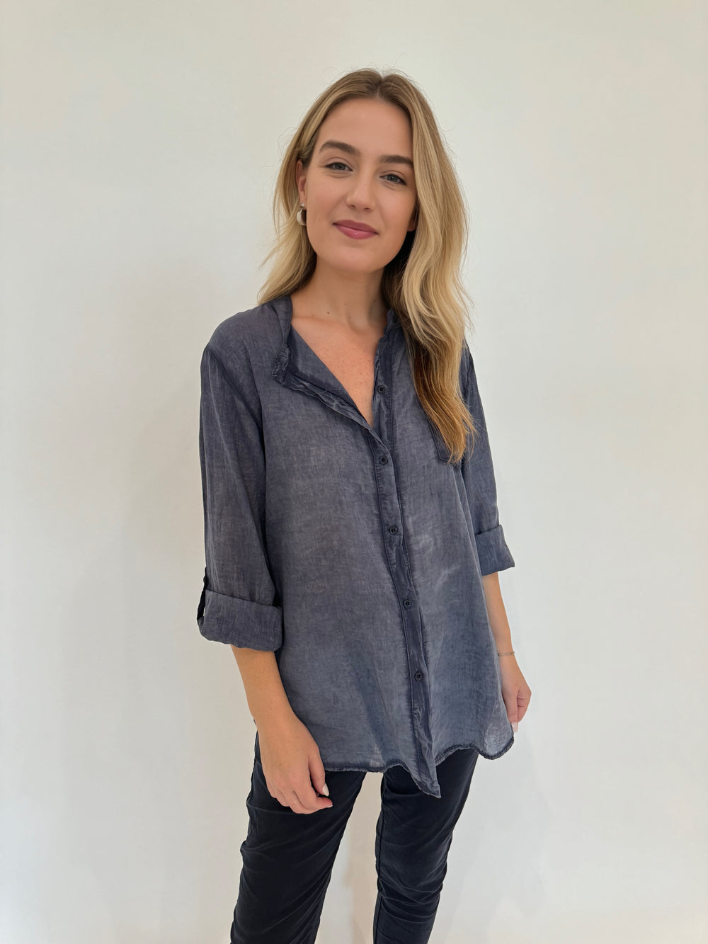 BK Heidi Solid Button Down Cotton Shirt in Navy available at barbarakatzshop.com