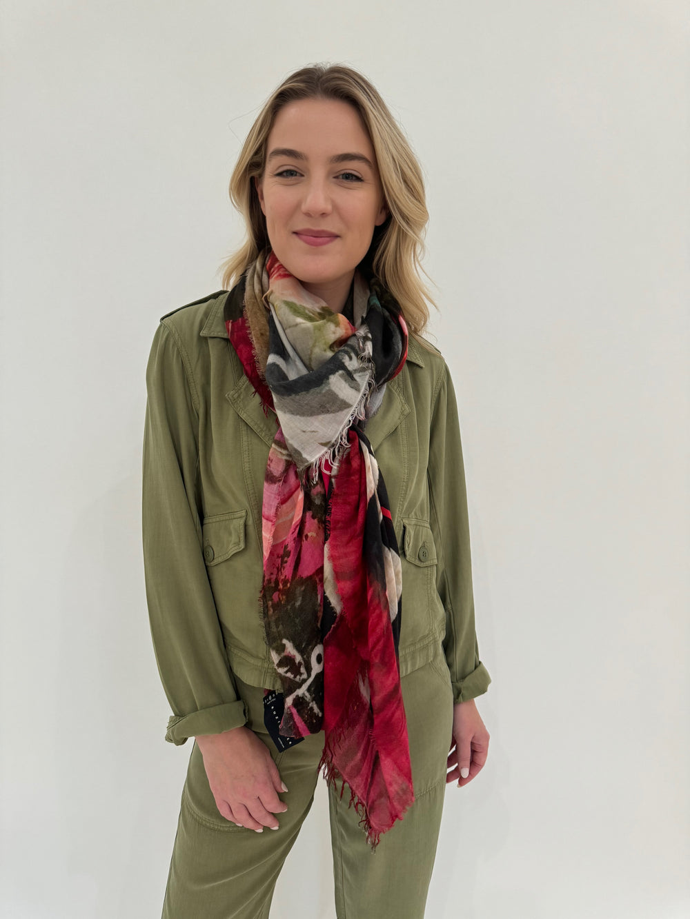 BK Marley Crop Jacket in Tea Leaf paired with matching Sydney Crop Pants and Suzi Roher Cristina Love It Like It Is Scarf - all available at Barbara Katz