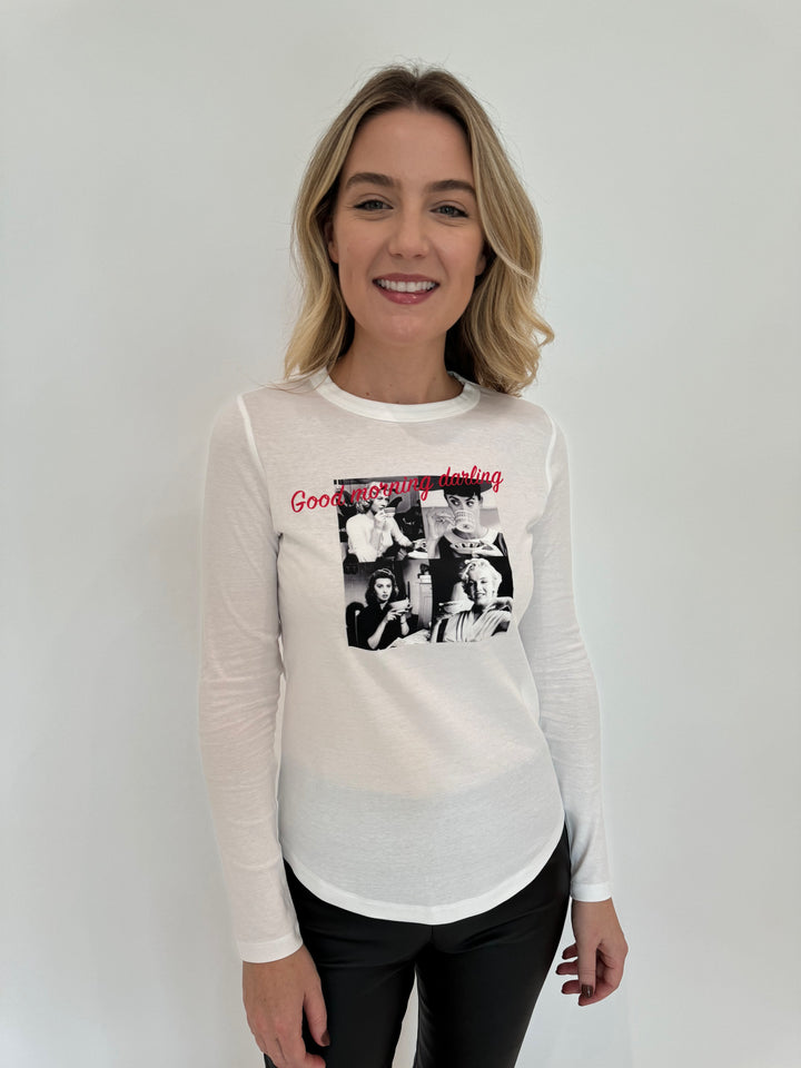 Suzi Roher Catherine White Long Sleeve Crew Tee in Good Morning Print available at Barbara Katz