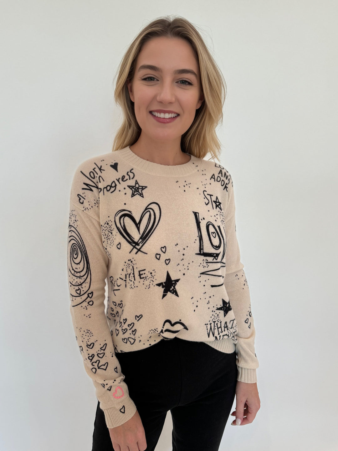 Lisa Todd The Messenger Graffiti Print Cashmere Crew Sweater in Frosting available at Barbara Katz