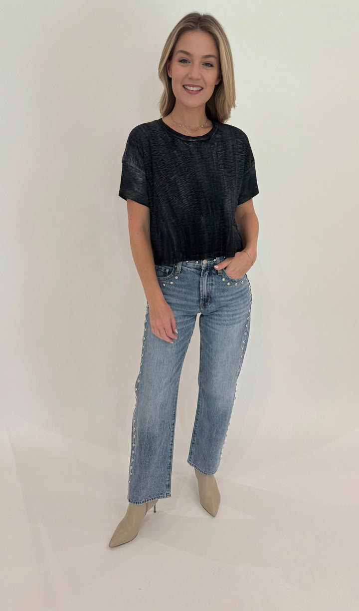 Goldie Metallic Sparkle Crop Tee in Black/Silver paired with Pistola Lexi Mid Rise Bowed Straight Jeans in Satellite available at Barbara Katz