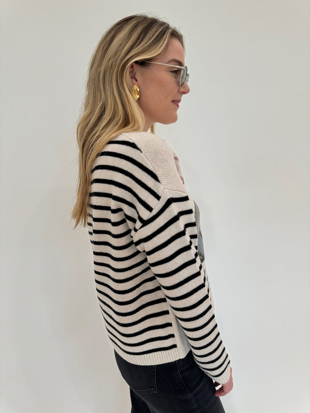 Oui Stella Luna Long Sleeve Pullover Sweater paired with Le Specs Neptune Deux Sunglasses, and Alexis Bittar Gold Crumpled Small Post Earrings  - all available at Barbara Katz