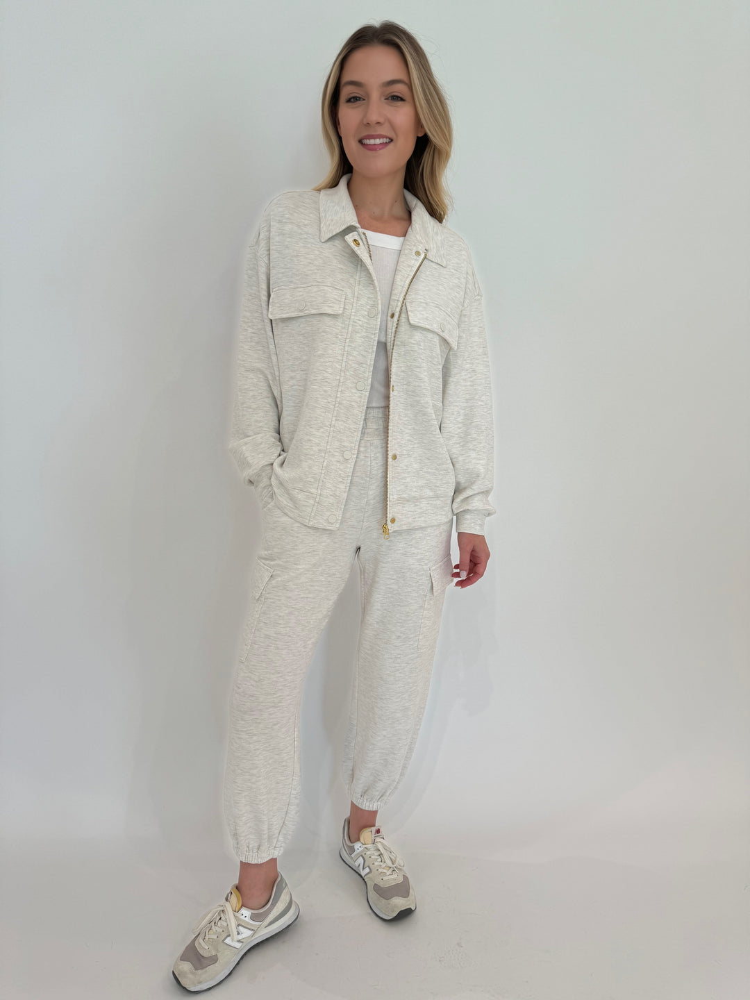 Varley Elizabeth Jacket in Ivory Marl paired with Varley The Cargo Pant 25" 