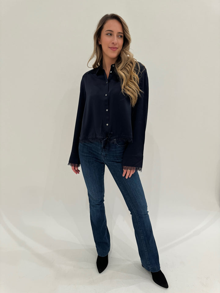 MAC Dream Boot Jeans 32" in Medium Blue paired with Cinq a Sept Mabyn Top in Navy available at Barbara Katz 