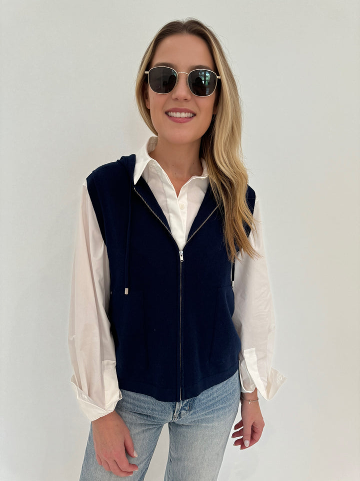 Elliott Lauren Zip Front Hoodie Vest in Ultramarine with Simkhai Renata Cropped Shirt in White underneath, Le Specs Neptune Sunglasses