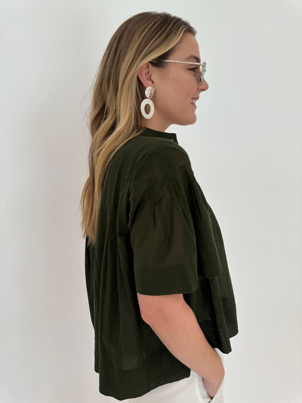 rame Pleated Button-Up Blouse in Military