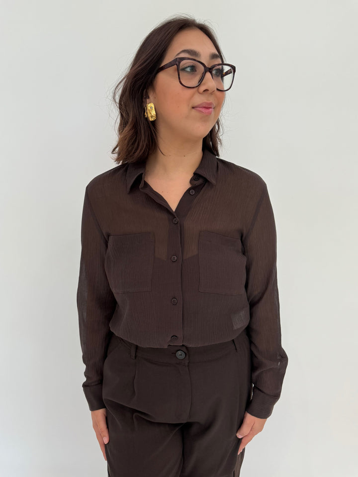 Marella Monochrome Orzo Sheer Blouse in Dark Brown paired with Alisso Cargo Pants available at Barbara Katz