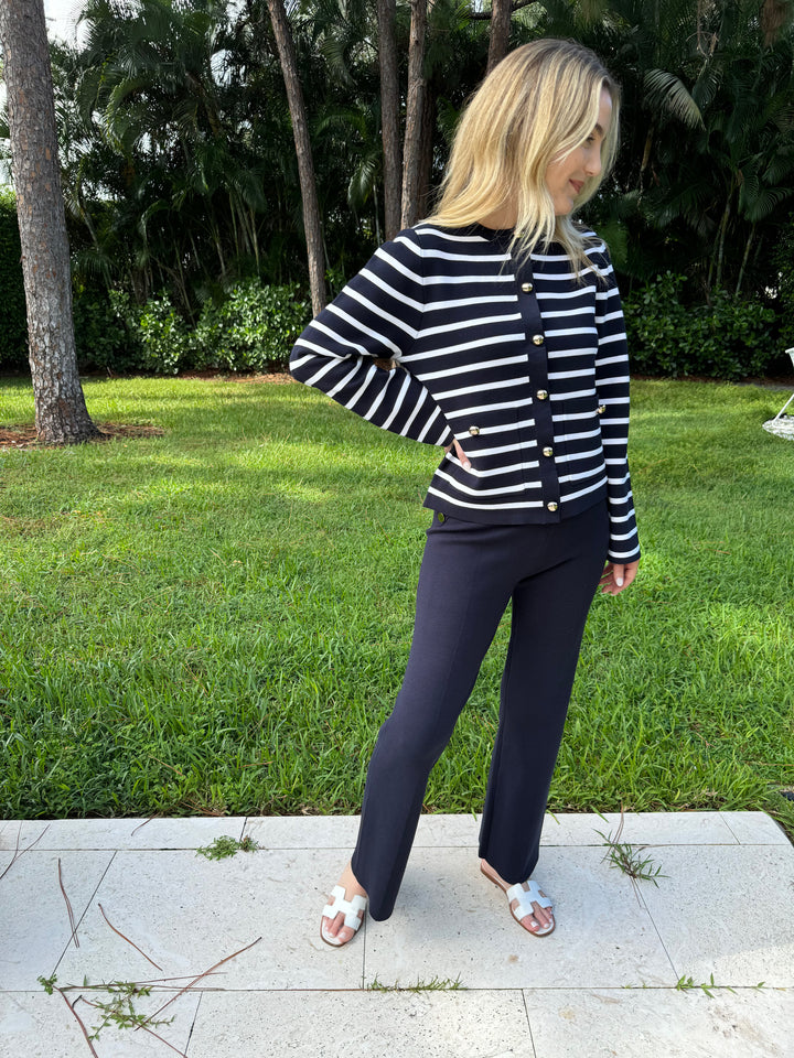 BK Dina Navy Striped Sweater Cardigan paired with Navy Demi Full-Length Sweater Pants available at Barbara Katz