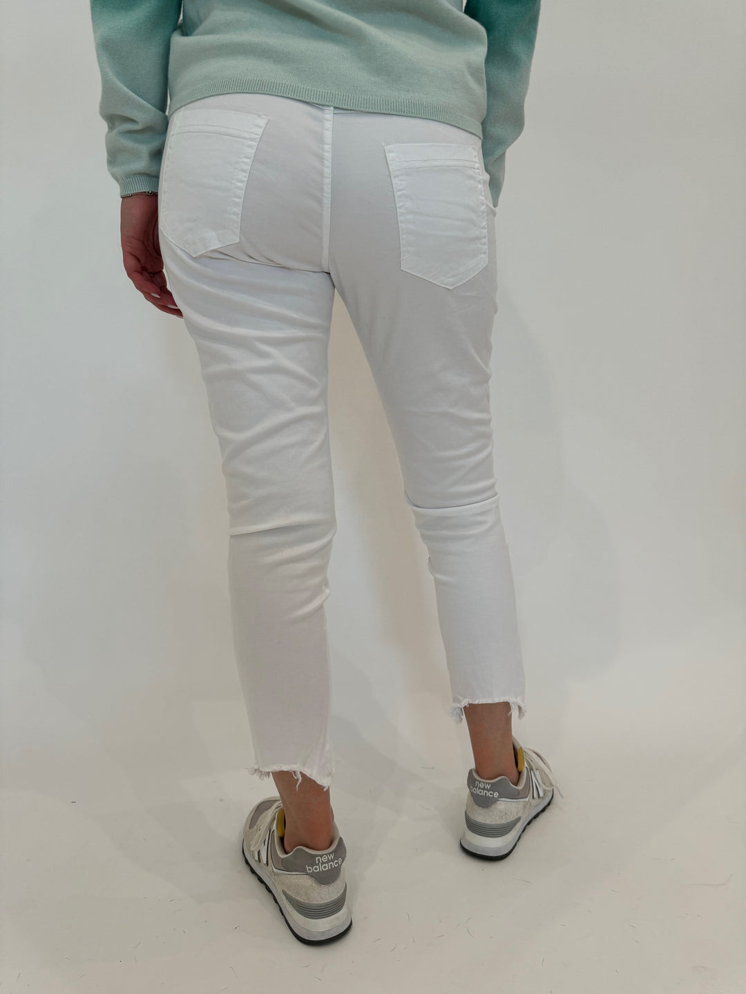 BK Kylie Distressed Fringe Hem Crinkle Jogger in White available at Barbara Katz