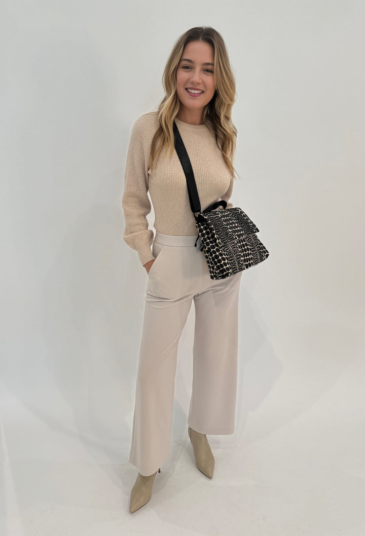 Barbara Katz Diamond Blouson Sweater in Dune paired with Raffaello Rossi Palina 6/8 Culotte Pants in Wool White