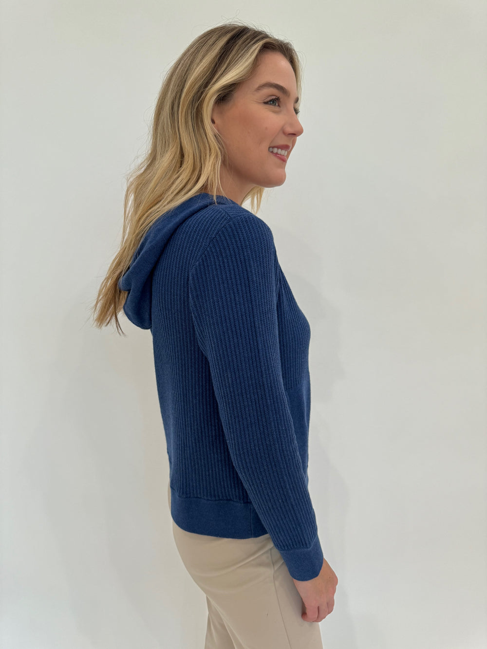 Kinross Cashmere Rib Zip Long Sleeve Hoodie in Indigo available at Barbara Katz