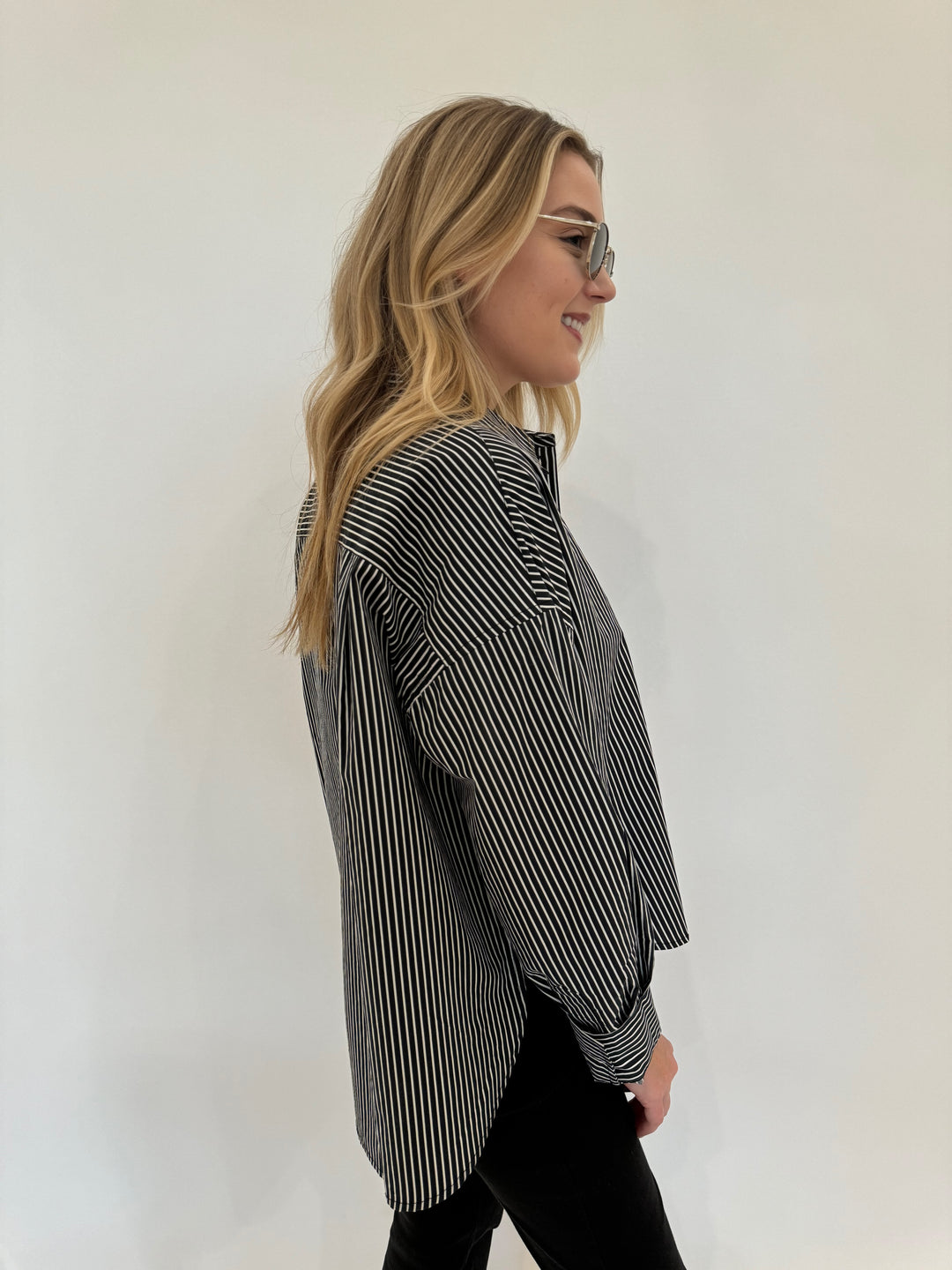 Essentiel Antwerp Glee Striped Long Sleeve Shirt in Black Combo available at Barbara Katz