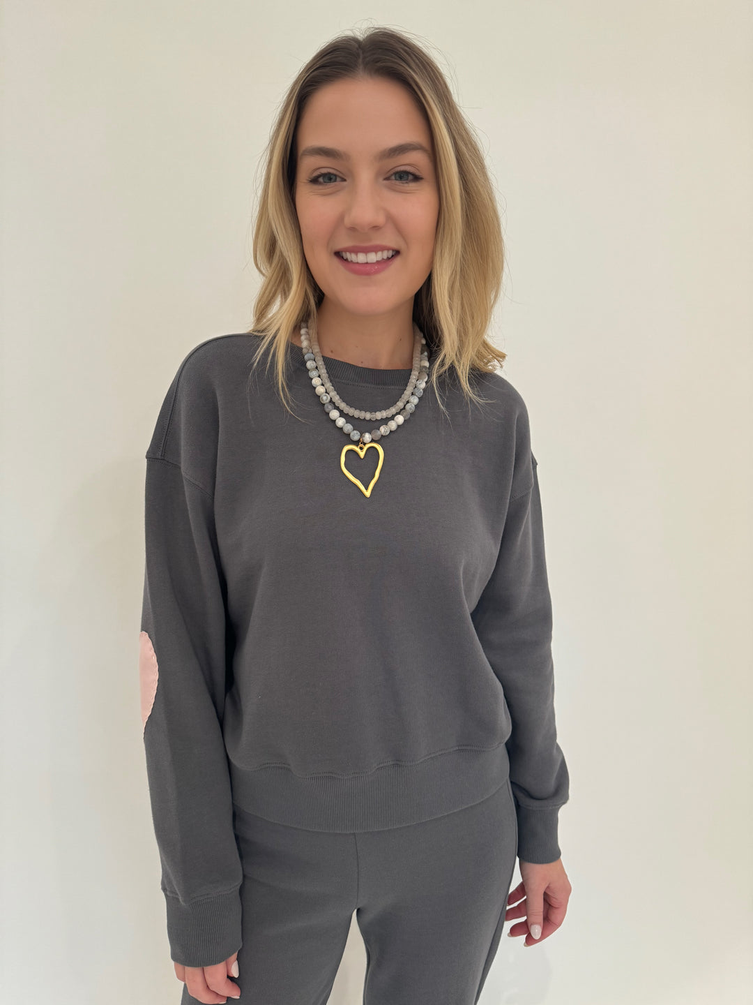 Kerri Rosenthal Boyfriend Sweatshirt Heart Patchwork in Faded Carbon with Barbara Kazt Jewelry