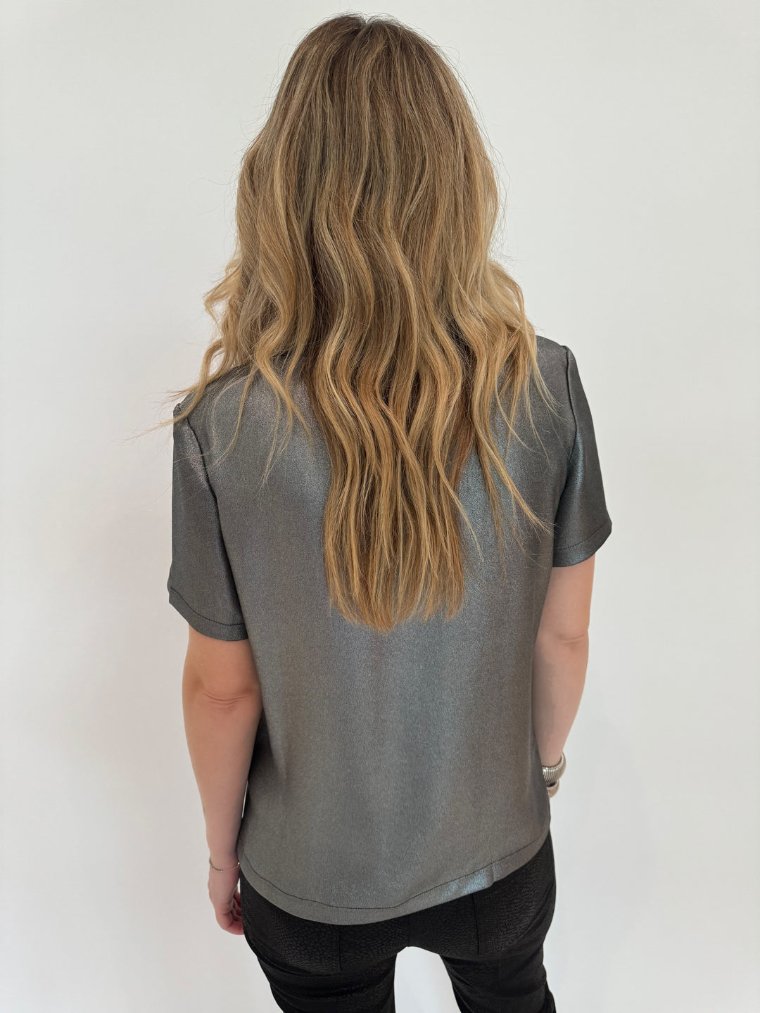 Elliott Lauren Slinky Metallic Short Sleeve Tee in Silver available at Barbara Katz