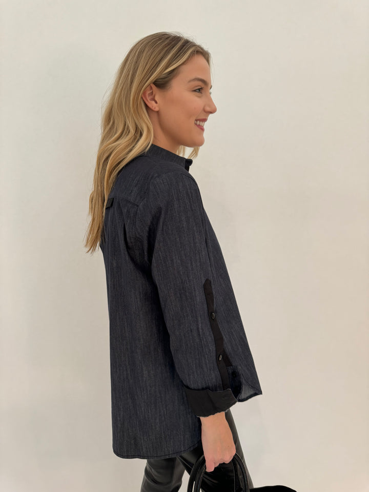 Ozai N Ku Emily Button Down Long Sleeve Shirt in Denim available at Barbara Katz