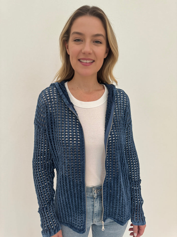 Barbara Katz Zip-Up Stone Wash Mesh Sweater Jacket in Denim with White Moxy Tee layering