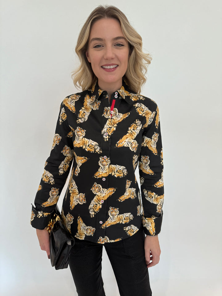 Dizzy-Lizzie Rome Shirt in Black With Tiger Print available at Barbara Katz