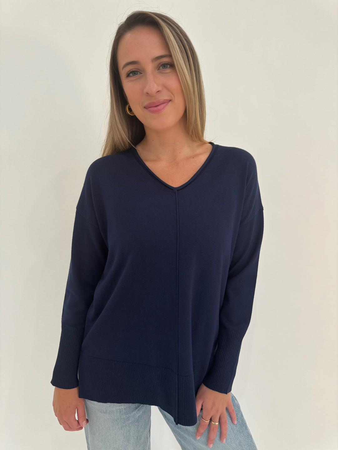 BK Selena Roll V-Neck Long Sleeve Sweater in Navy available at Barbara Katz