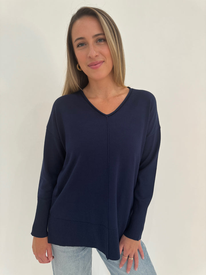 BK Selena Roll V-Neck Long Sleeve Sweater in Navy available at Barbara Katz