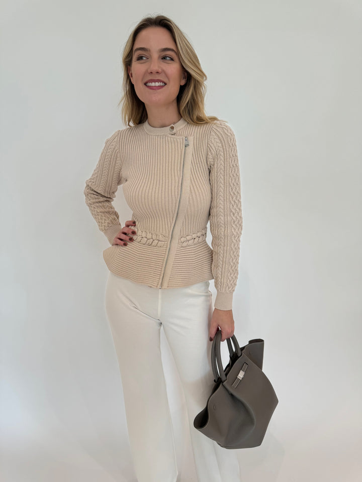 Simkhai Signature Andi Peplum Jacket in Stone paired with Peace of Cloth Jules Paramount Knit Pants in White, DeMellier The Midi New York Tote Bag in Stone Grey - all available at Barbara Katz