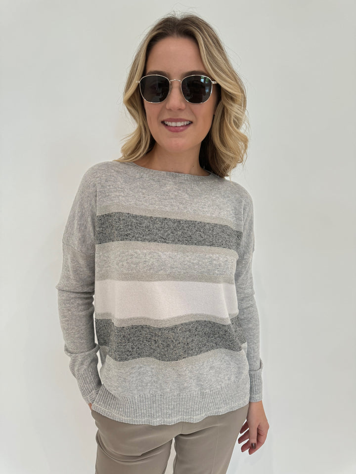 D.Exterior Multi Stripe Crew Sweater in Cenere available at Barbara Katz