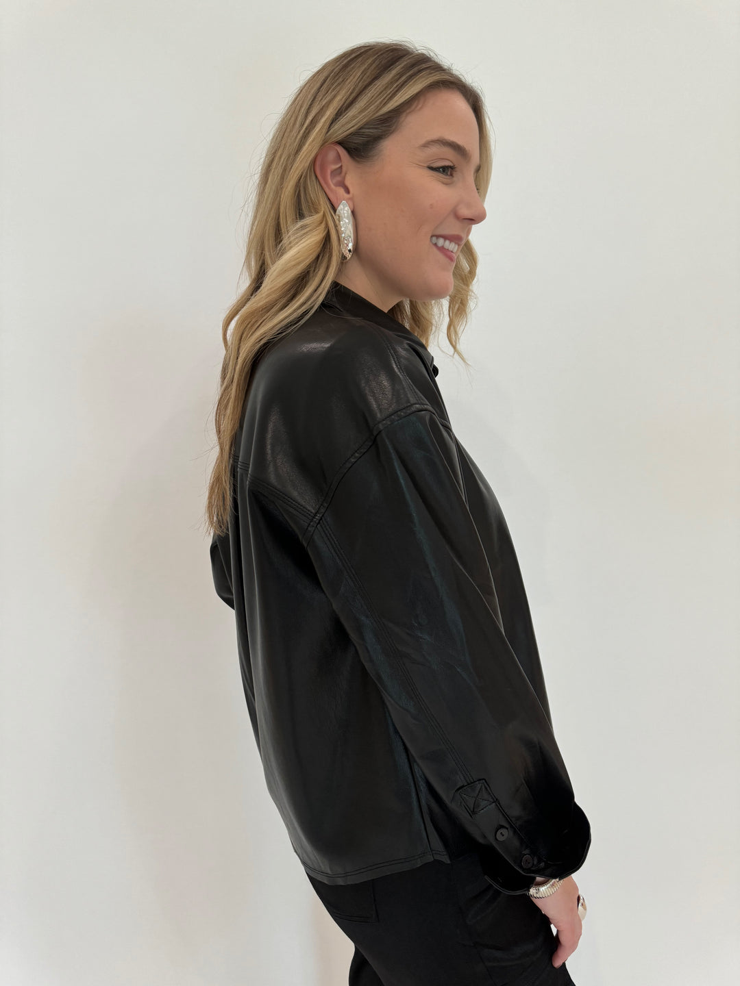 Melissa Nepton Driane Faux Leather Long Sleeve Shirt in Black available at Barbara Katz