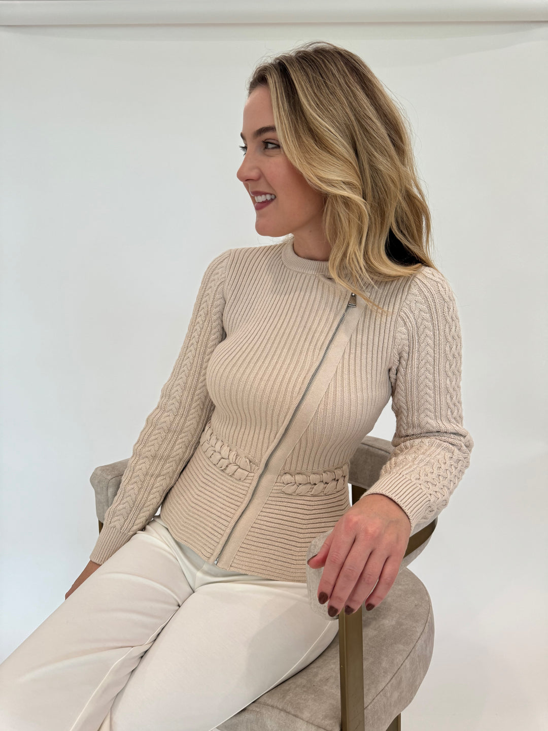 Simkhai Signature Andi Peplum Zip Jacket in Stone available at Barbara Katz