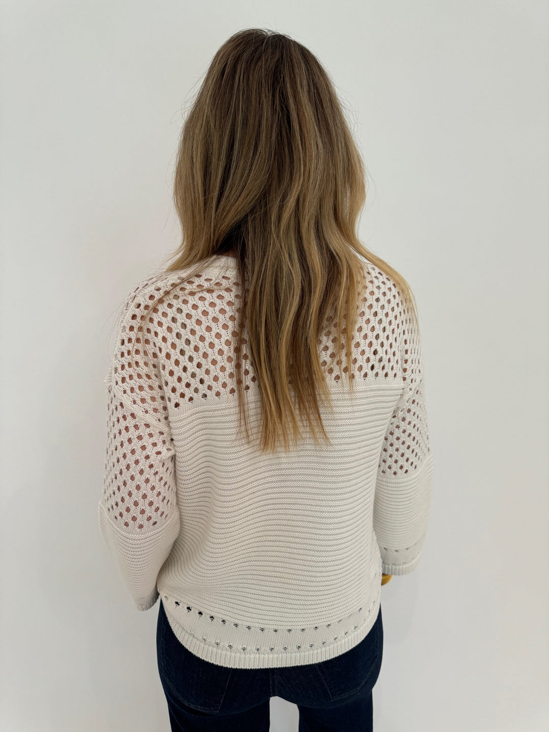 Autumn Cashmere Boxy Crew Sweater With Mesh Yoke in Bleach White