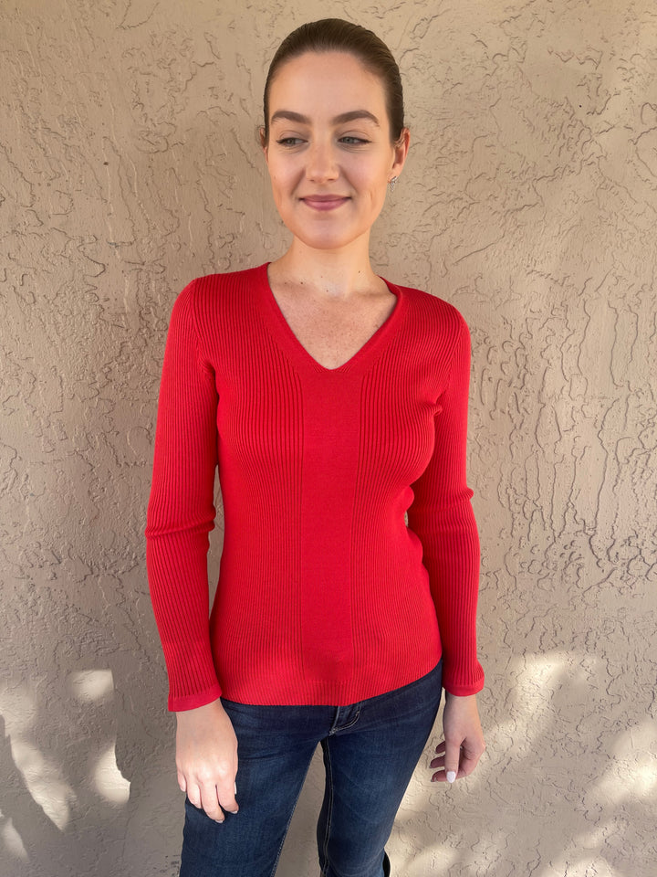 V-Neck Rib Sweater - Red