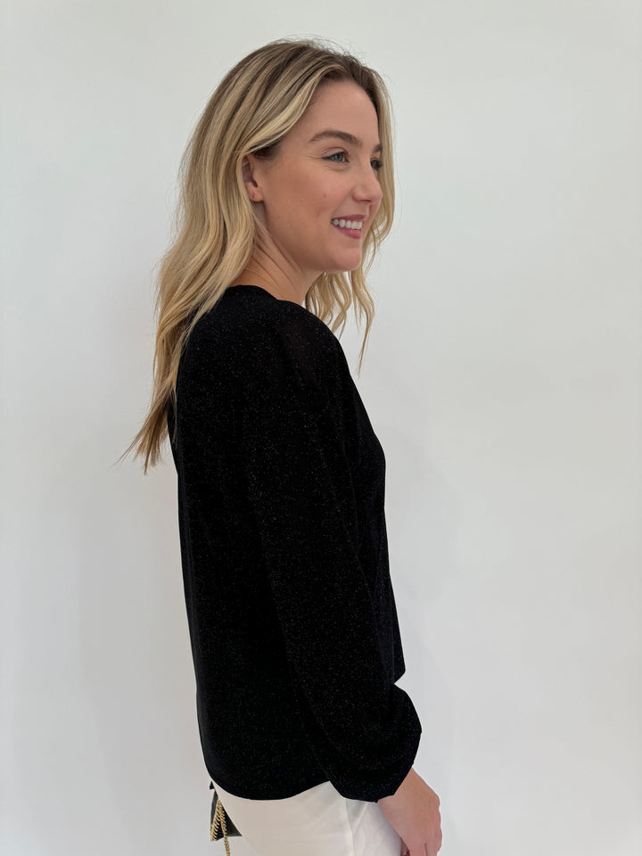 Kinross Cashmere Shimmer Splitneck Long Sleeve Sweater in Black available at Barbara Katz