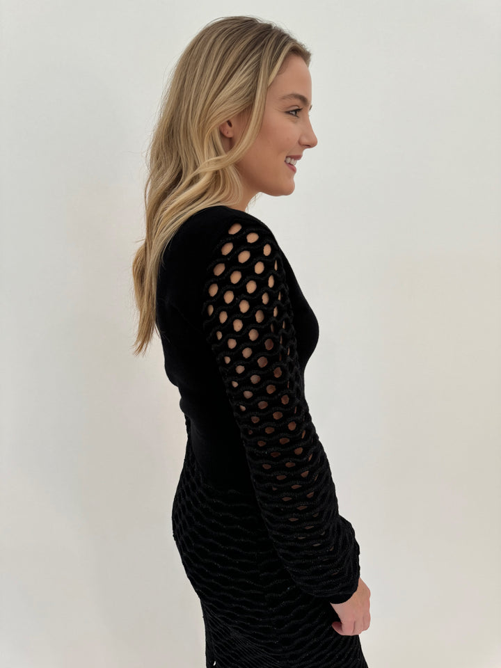 Maria Pavan Maia Wave Sequin Long Sleeve Sweater in Black available at Barbara Katz