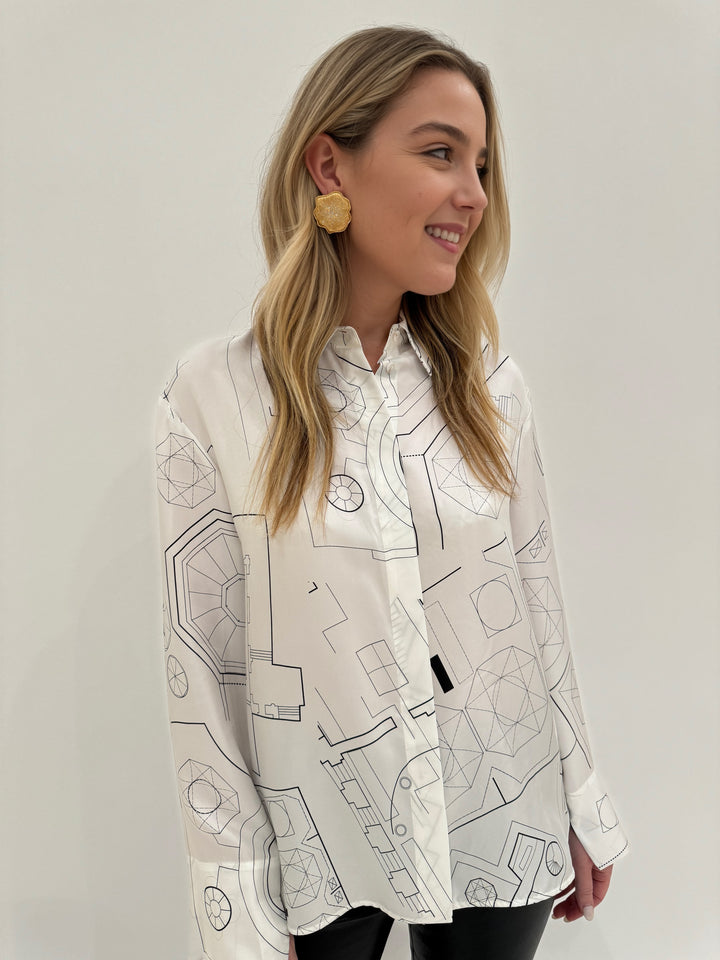 Max Mara Weekend Urna Silk Printed Long Sleeve Shirt in White available at Barbara Katz