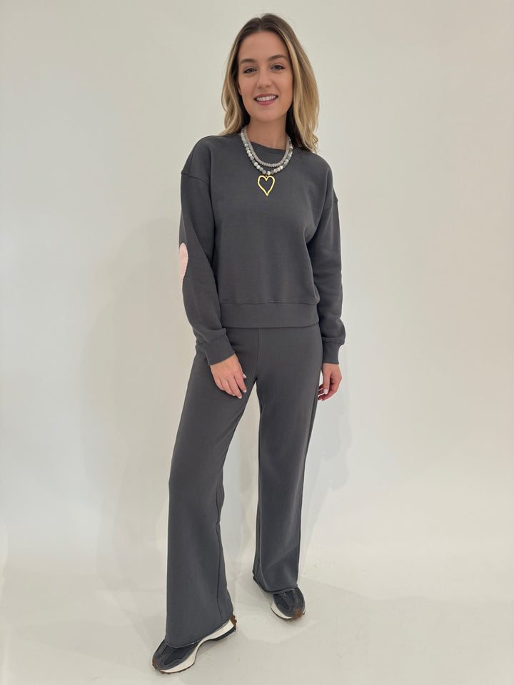 Kerri Rosenthal Boyfriend Sweatshirt Heart Patchwork in Faded Carbon paired with Weekend Barb Sweatpants