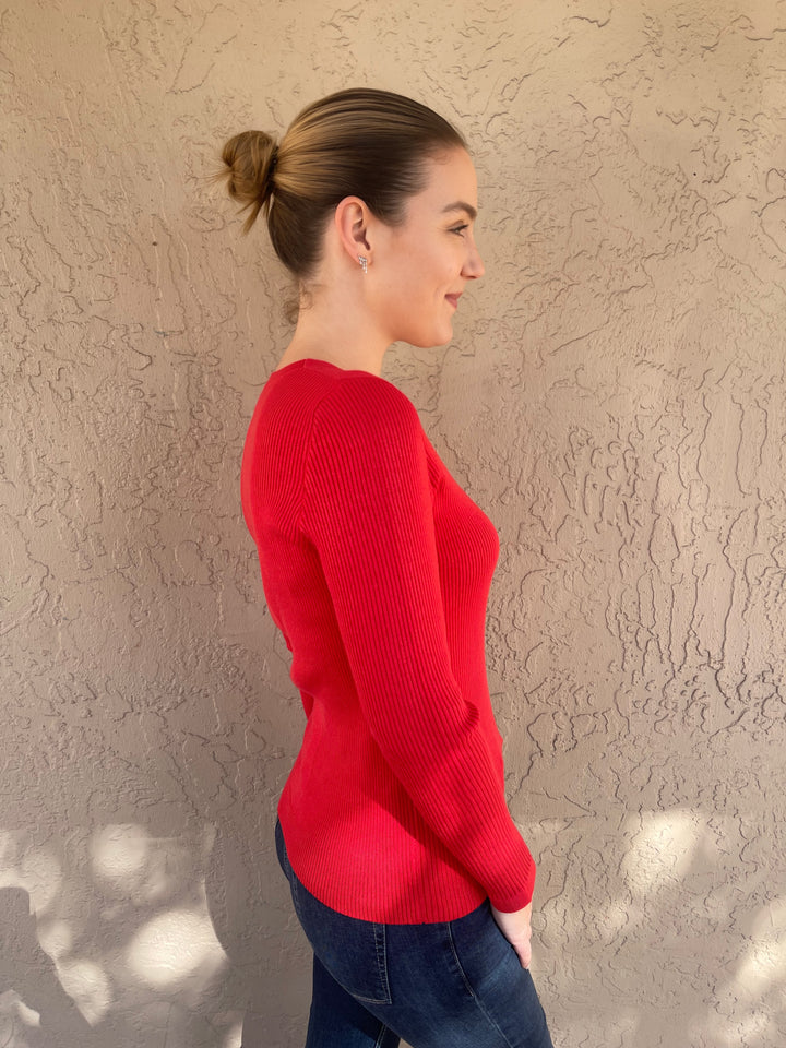 V-Neck Rib Sweater - Red