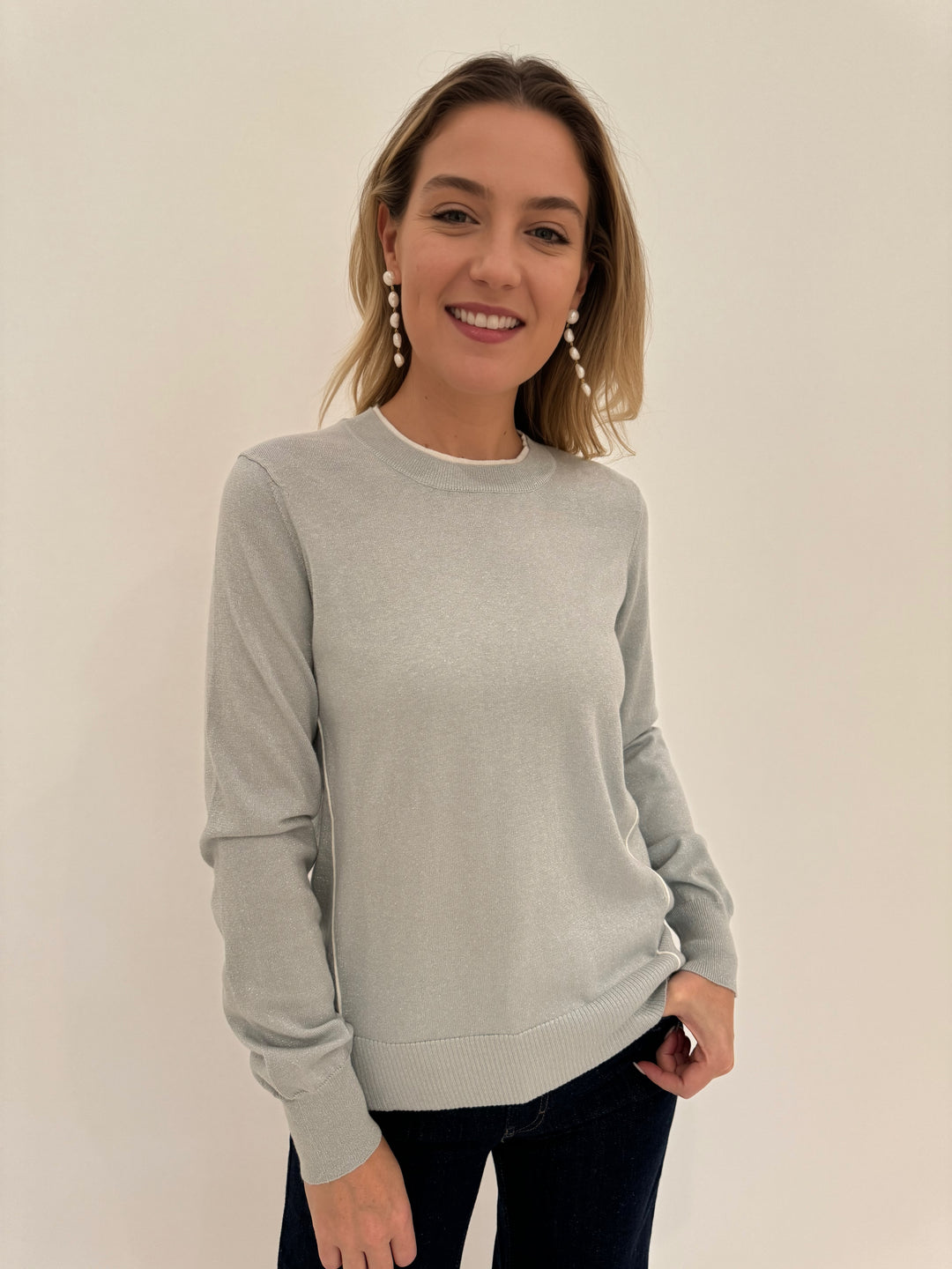 Pure Amici Metallic Crew Sweater in Mist