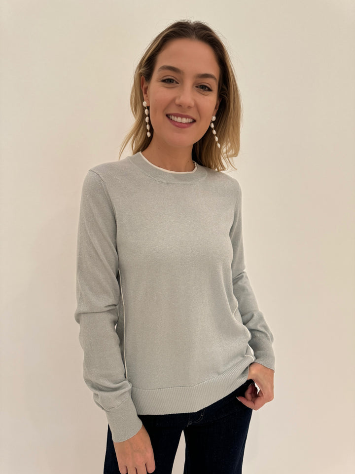 Pure Amici Metallic Crew Sweater in Mist