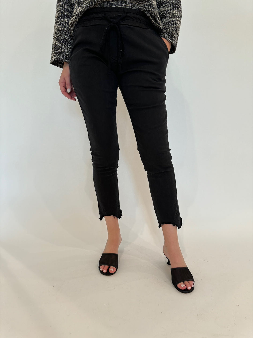 BK Kylie Distressed Fringe Hem Crinkle Jogger in Black available at Barbara Katz