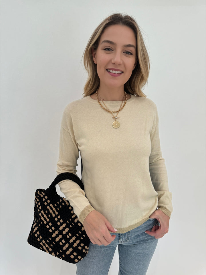 Elliott Lauren Tipping Point Cotton Cashmere Sweater in Starch, with Sol and Selene Sky's The Limit Small Crossbody Bag in Black/Nude