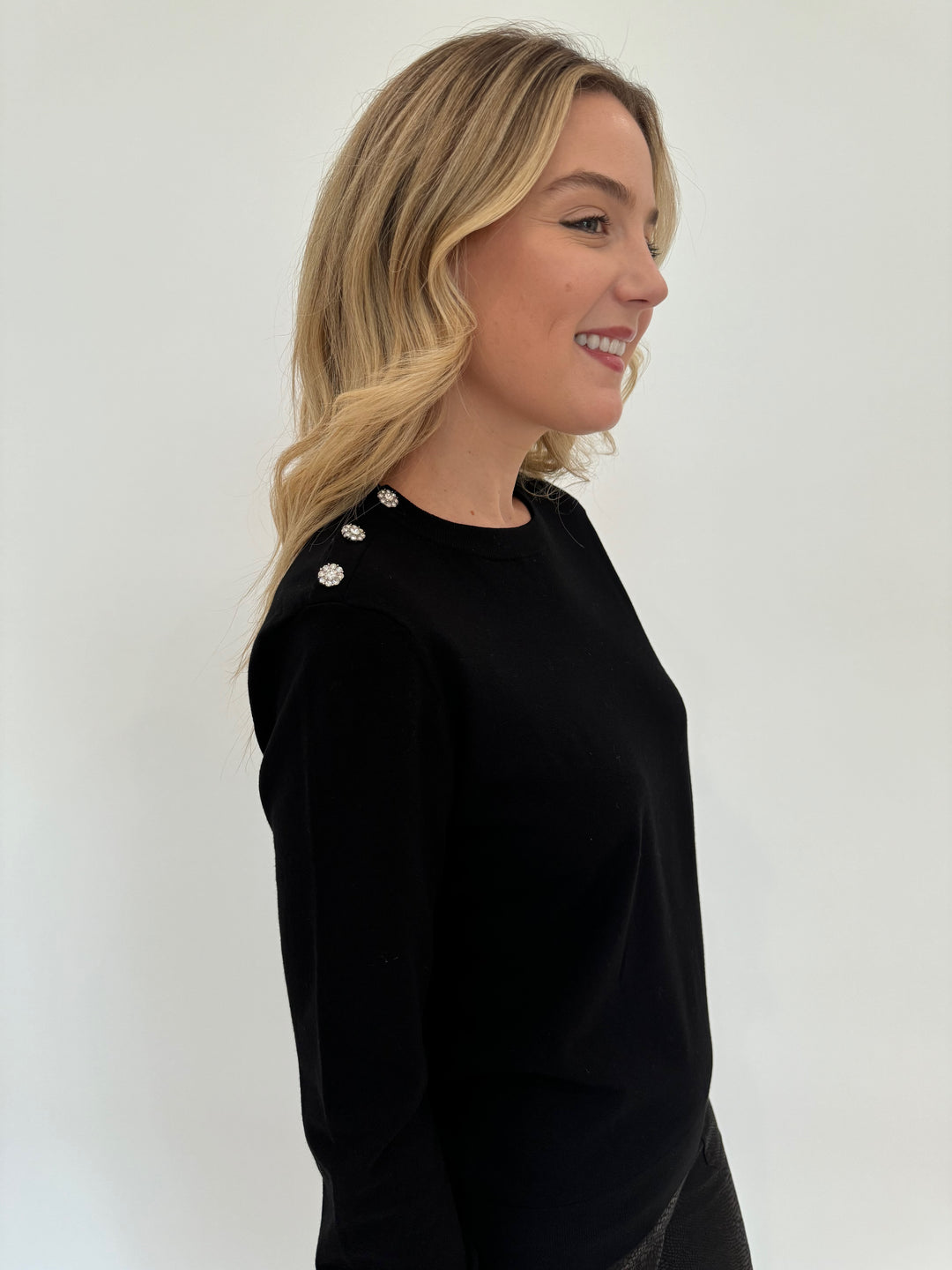 Elliott Lauren Top It Off Button Sleeve Sweater in Black available at Barbara Katz