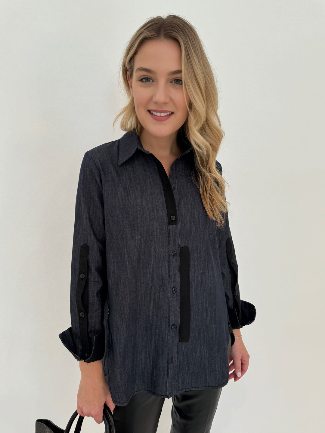 Ozai N Ku Emily Button Down Shirt in Denim available at Barbara Katz