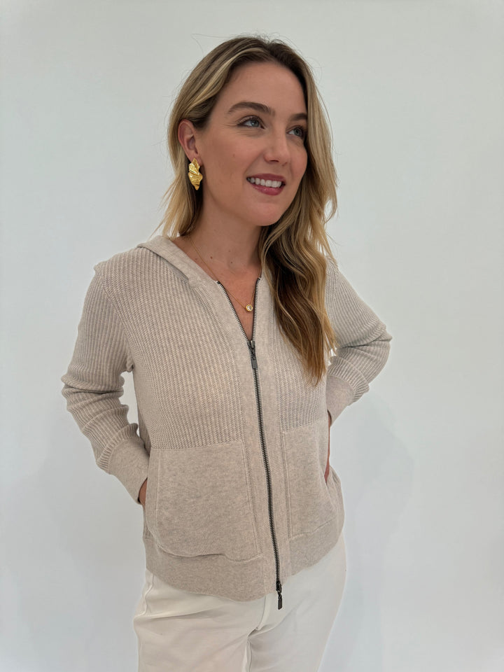 Kinross Cashmere Rib Zip Hoodie in Champagne available at Barbara Katz