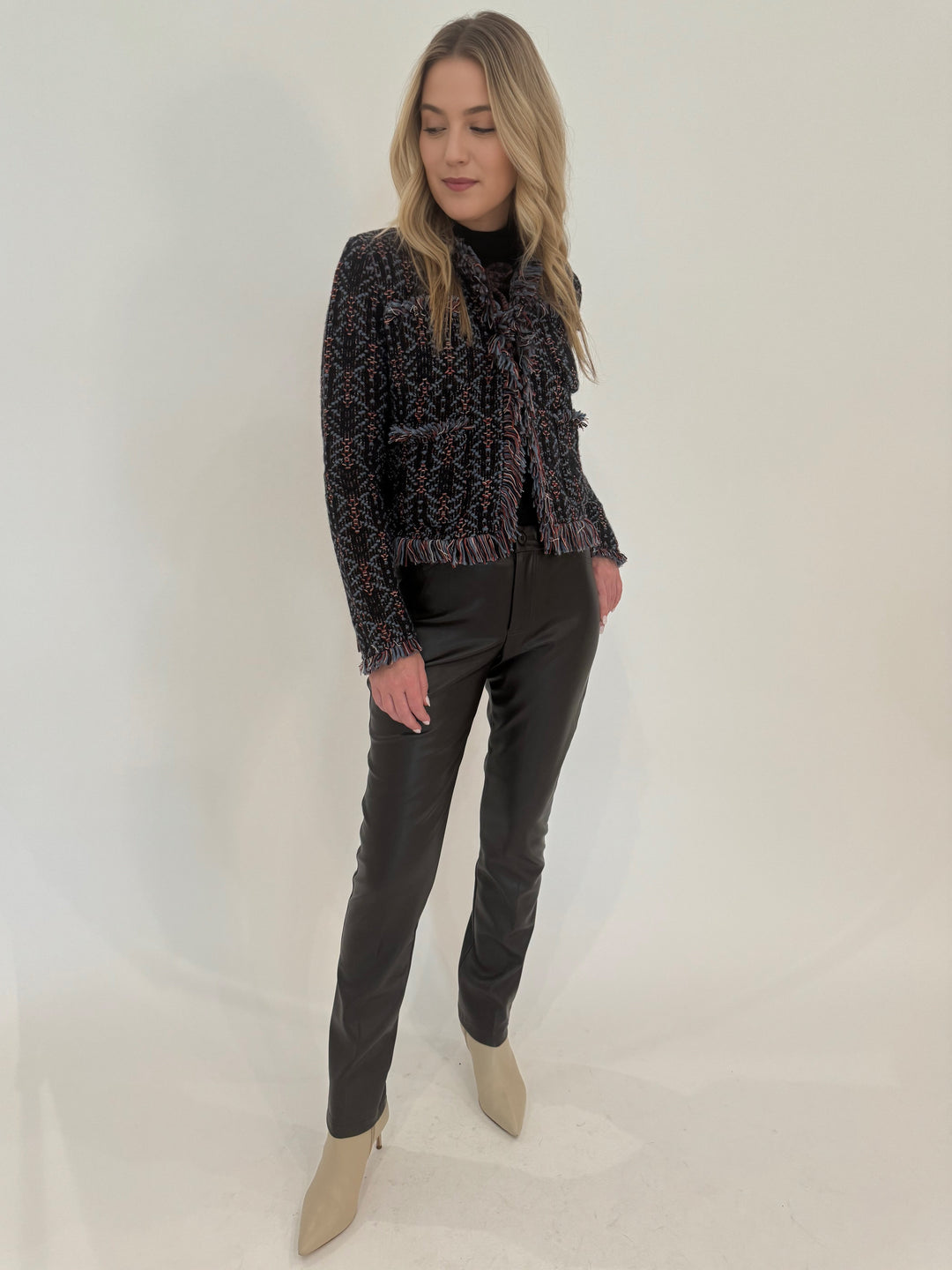 Aldomartins Cook Jacket in Blue paired with Peace of Cloth Faux Leather Slim Jeans available at Barbara Katz