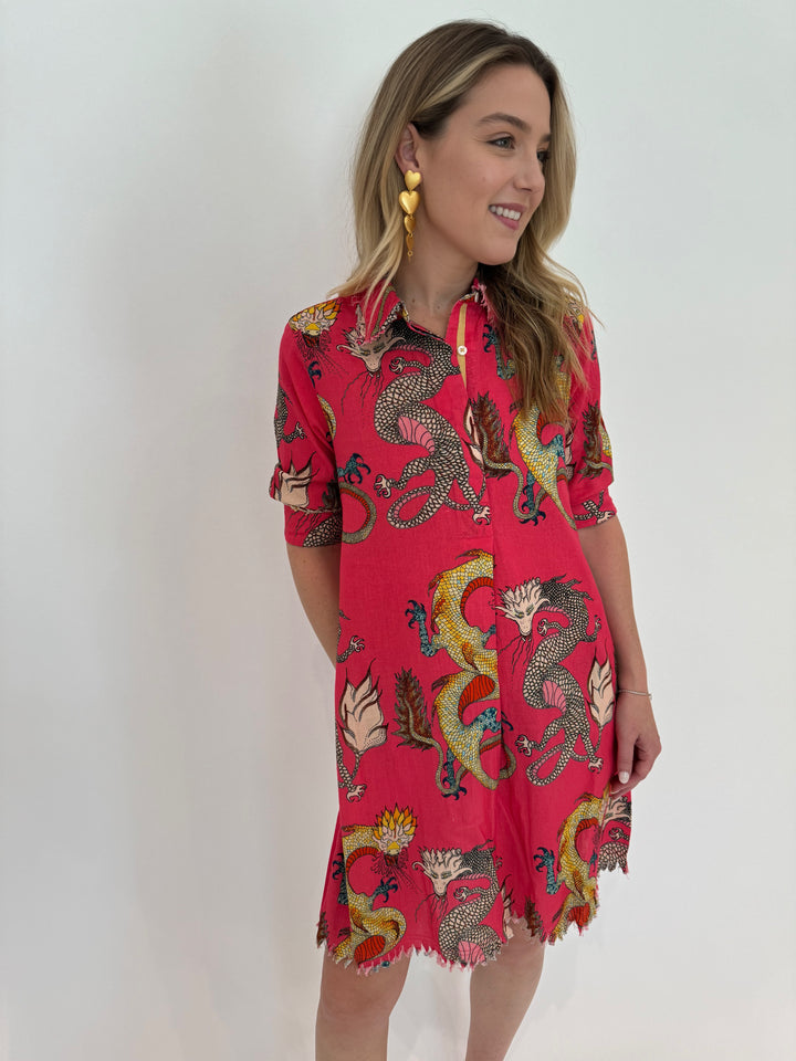 Dizzy-Lizzie Cotton Chatham Dress in Pink with Dragons Print - M617