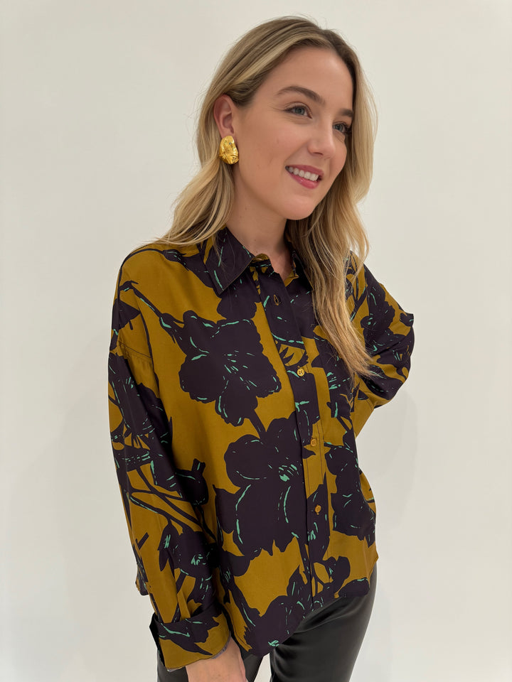 Essentiel Antwerp Girt Floral Silk Shirt in Toffee Combo available at Barbara Katz