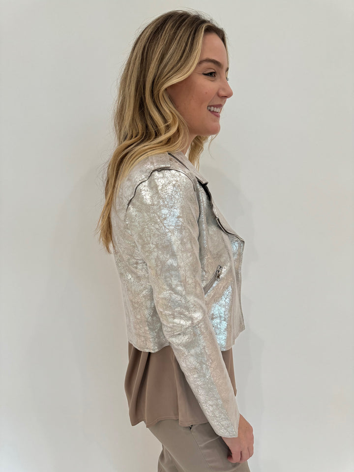 BK Beatrice Metallic Cropped Moto Jacket in Silver available at Barbara Katz