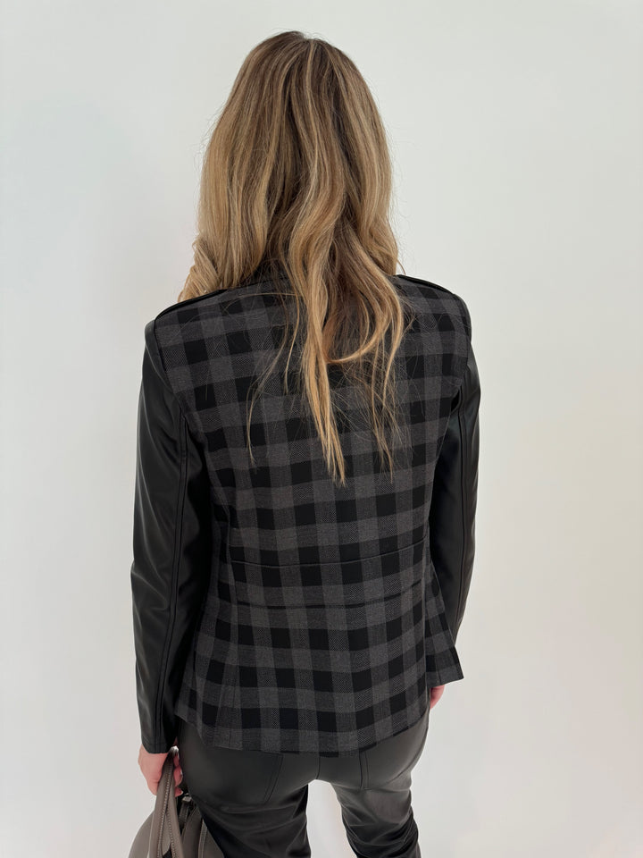 Peace of Cloth Checkered Rowan Moto Jacket in Grey/Black with Aldomartins Black Norin Top underneath available at Barbara Katz