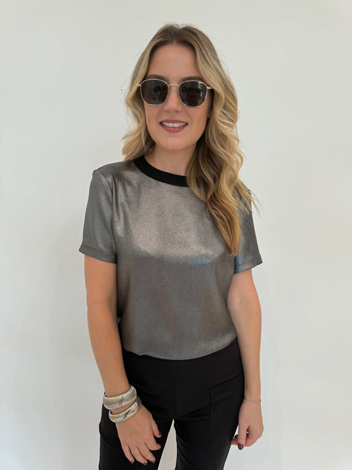 Elliott Lauren Slinky Metallic Tee in Silver paired with Black Lava Pants With Patch Pocket, BK Silver Cobra Cuff and Bracelet, Le Specs Neptune Deux Sunglasses - all available at Barbara Katz