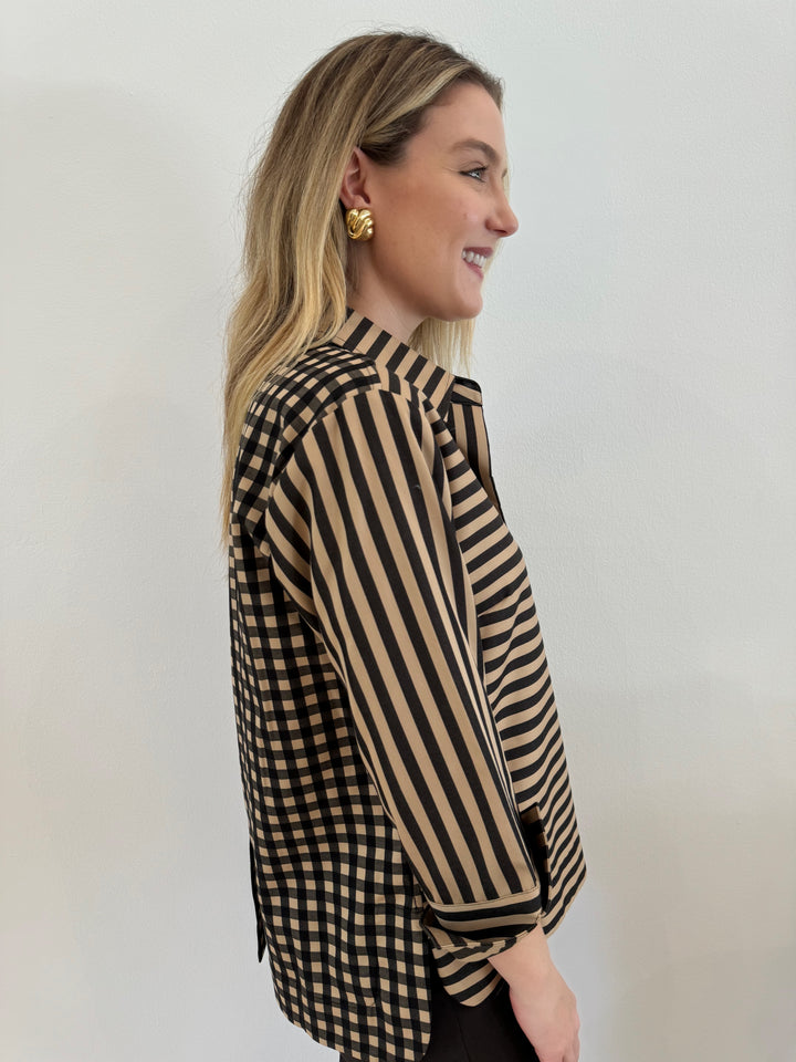 Hinson Wu Aileen 3/4 Sleeve Stripe/Gingham Combo Top in Latte/Black