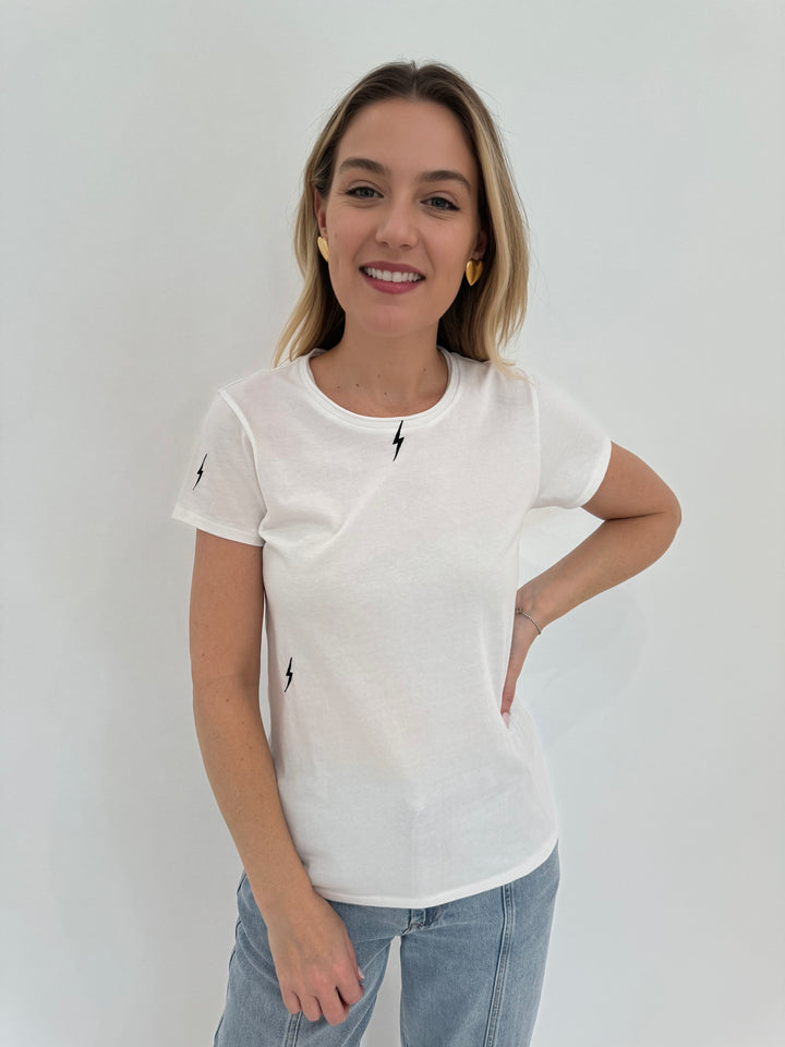 Catherine Gee Embroidered Lightning Bolt Tee in White